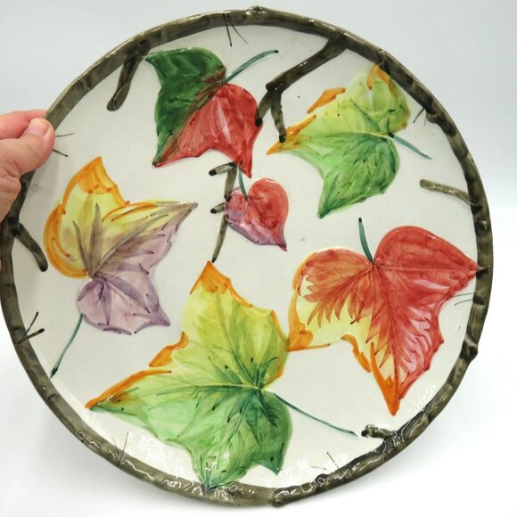 Leaf Plate Handpainted 11.5" Colorful Autumn Leaves Twig Border Made in Italy - Picture 7 of 9